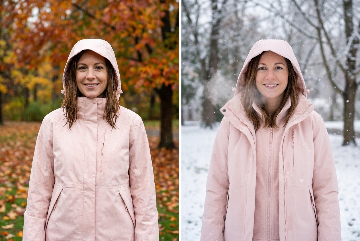 Frau in rosafarbener NaturWide Jacke: links im Herbstregen, rechts im Winter mit Fleece-Innenjacke